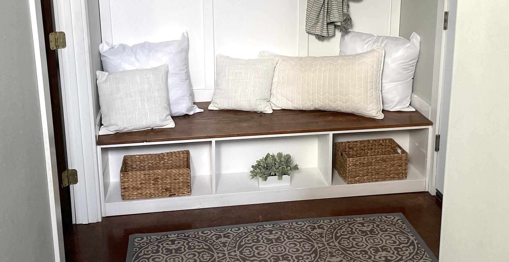 Front entry bench with deals shoe storage